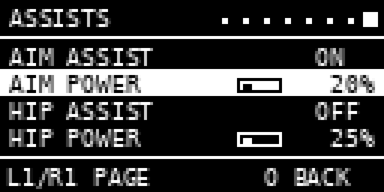 ASSISTS-menu met aim- en hip-power balken