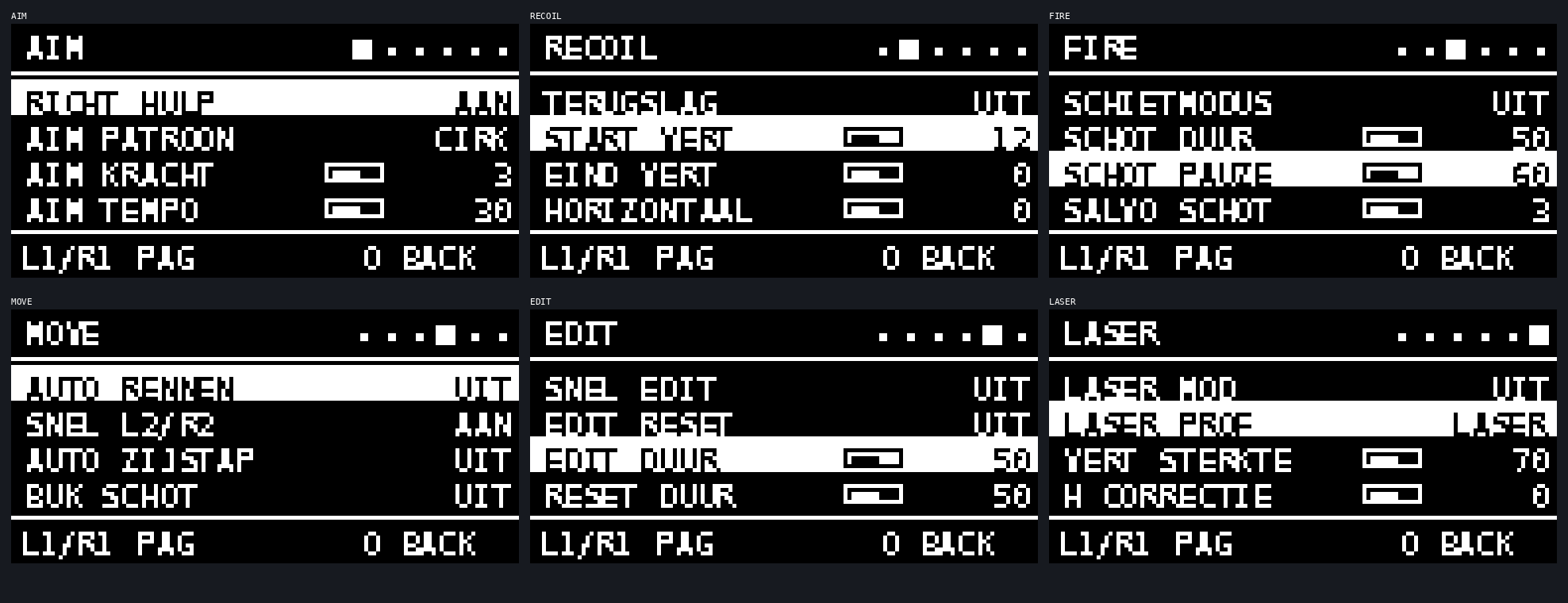Overzicht van de zwart-witte NEXUS-menu pagina’s